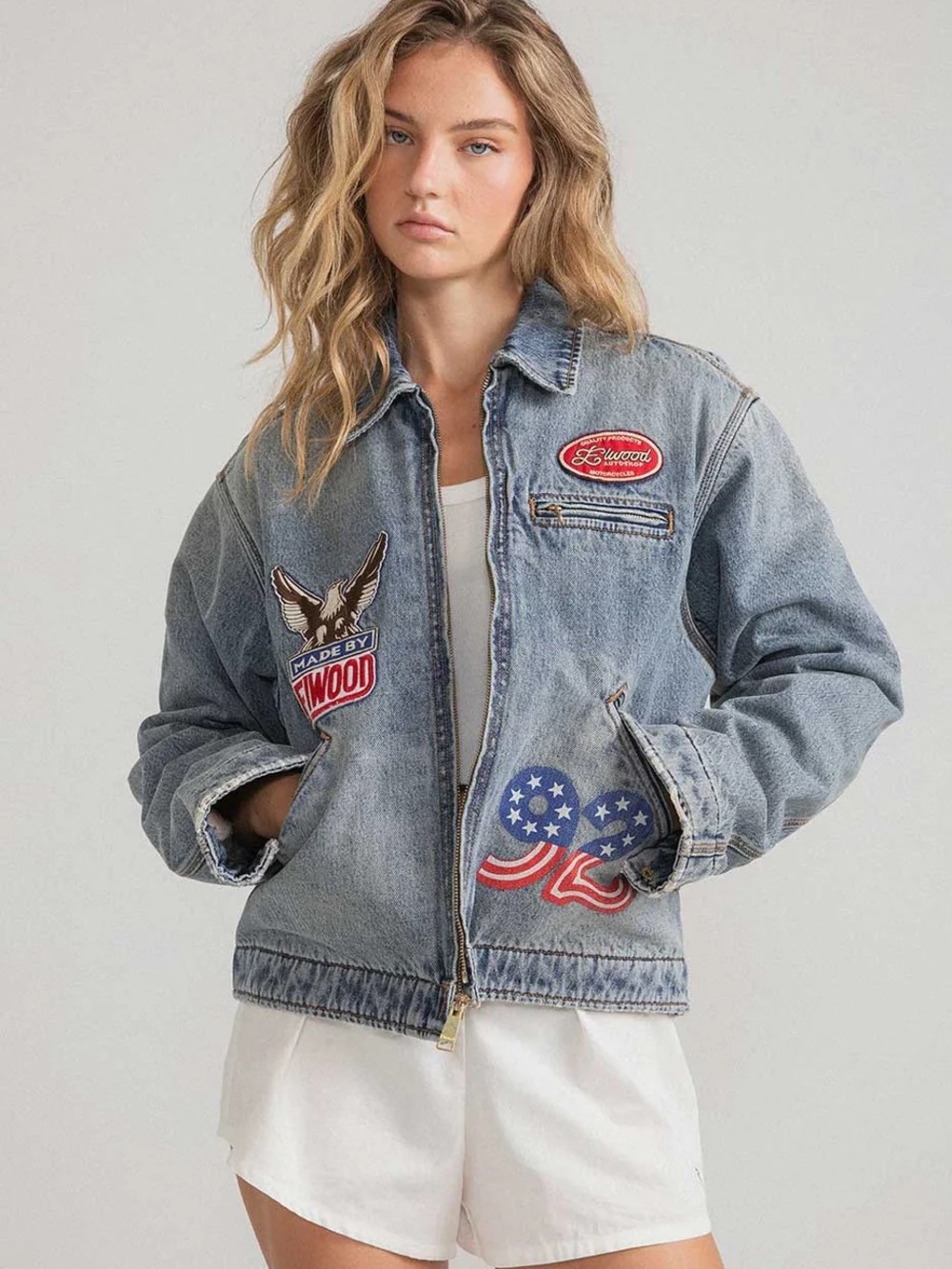 Elwood Embroidered Blue Denim Patch Jacket — Classic Jean Coat